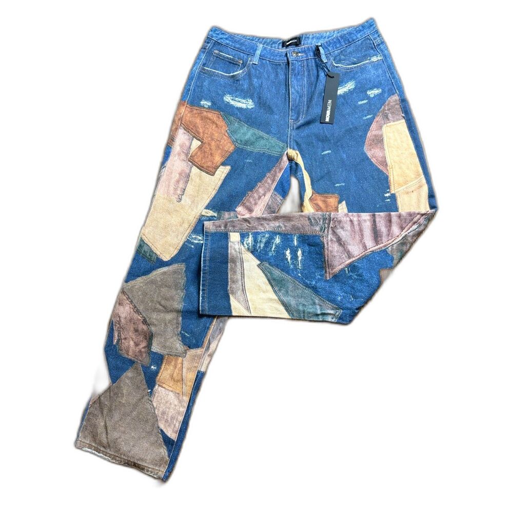 Nova Men's Straight Leg Western Patchwork Print Baggy Jeans Size 34 Denim